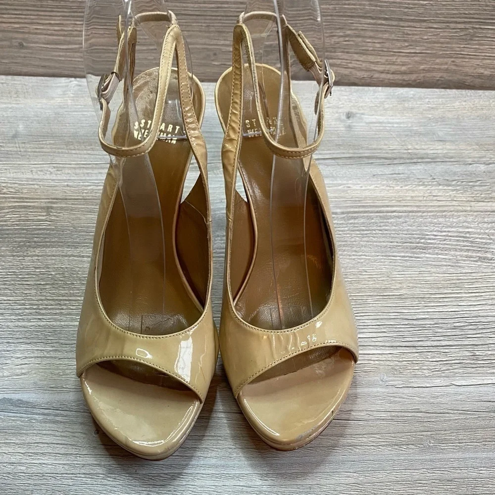 Stuart Weitzman beige patent leather ankle strap platform open toe heels size 8